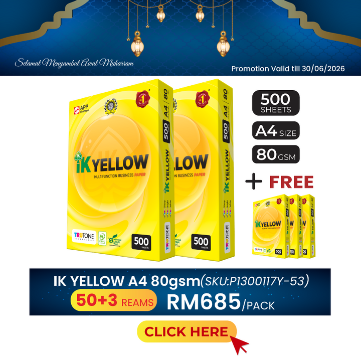 Promo@50reams IK Yellow A4 Paper 80gsm 500's