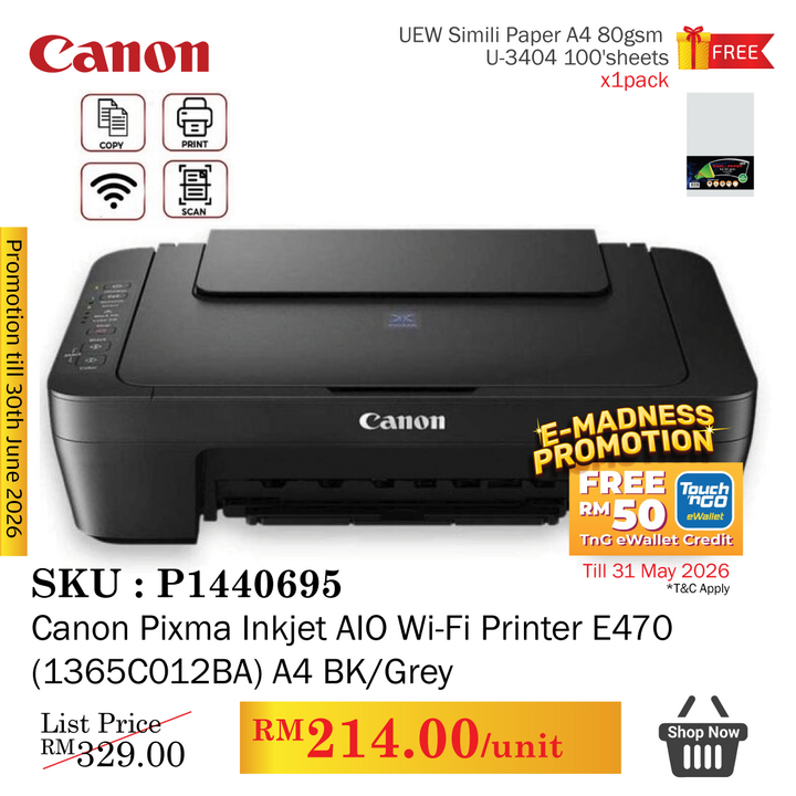Promo@Canon Pixma Inkjet AIO Wi-Fi Printer E470 (1365C012BA) A4 Black/Grey