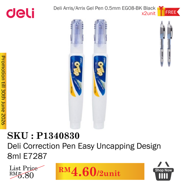 Promo@Deli Correction Pen Easy Uncapping Design 8ml E7287