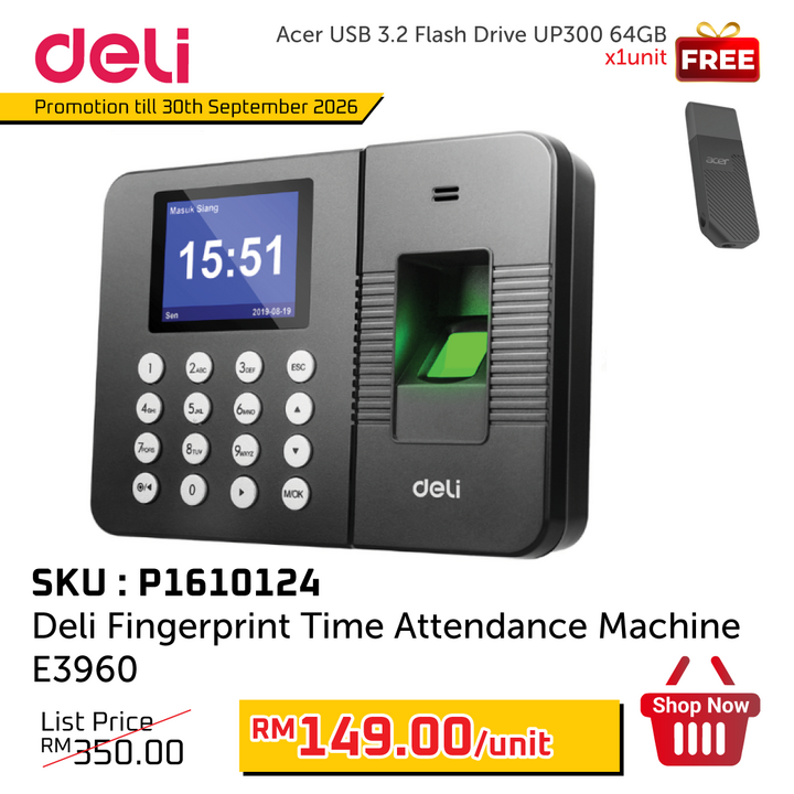 Promo@Deli Fingerprint Time Attendance Machine E3960