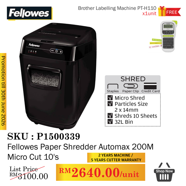 Promo@Fellowes Paper Shredder Automax 200M Micro Cut 10's