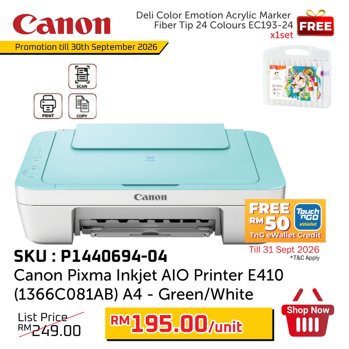 Promo@Canon Pixma Inkjet AIO Printer E410 (1366C081AB) A4 Green/White