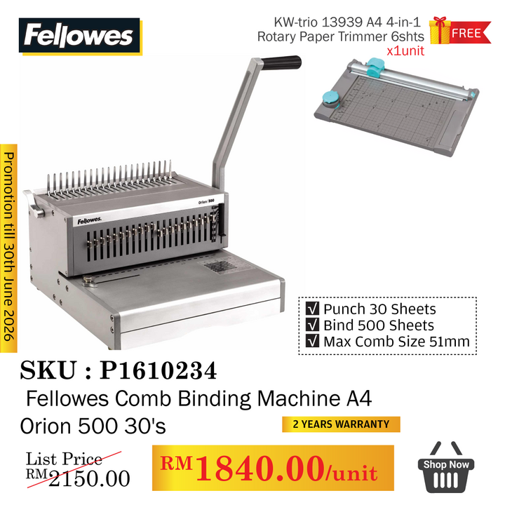 Promo@[BTB] Fellowes Comb Binding Machine A4 Orion 500 30's