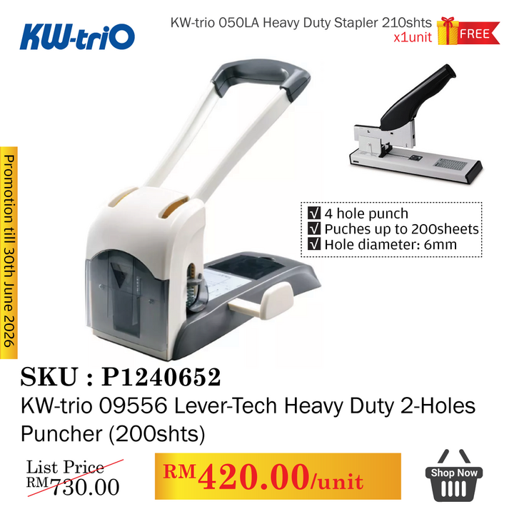 Promo@KW-trio 09556 Lever-Tech Heavy Duty 2-Holes Puncher (200shts)