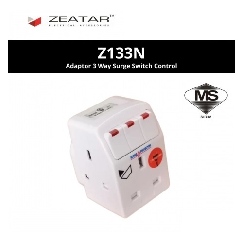 Zeatar Adaptor 3 Way with Surge Switch Control SIRIM (Z133N)
