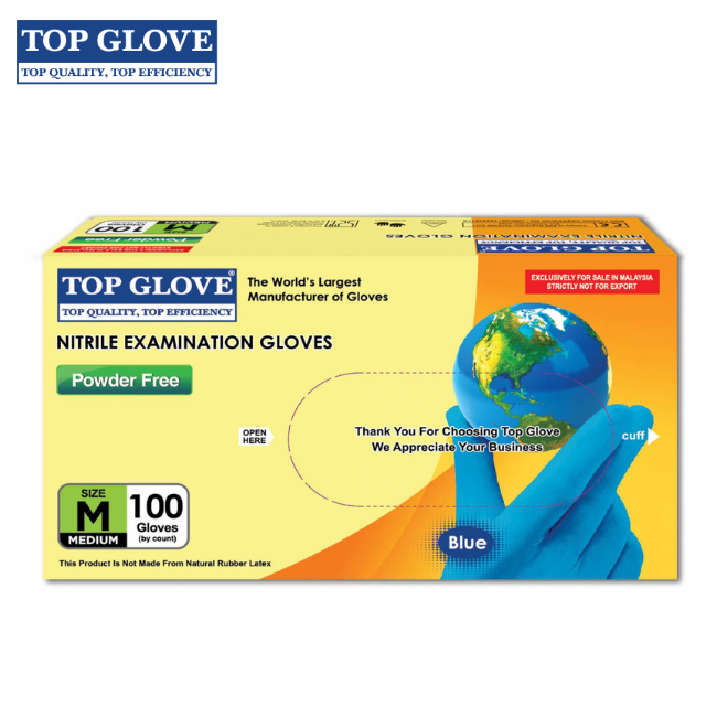 Top Glove Nitrile Powder Free Hand Gloves (Blue) 100's