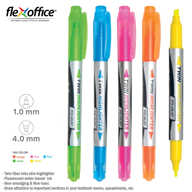 Flexoffice Twin Highlighter Flourescent FO-HL07 (1.0-4.0mm) 5's/pkt