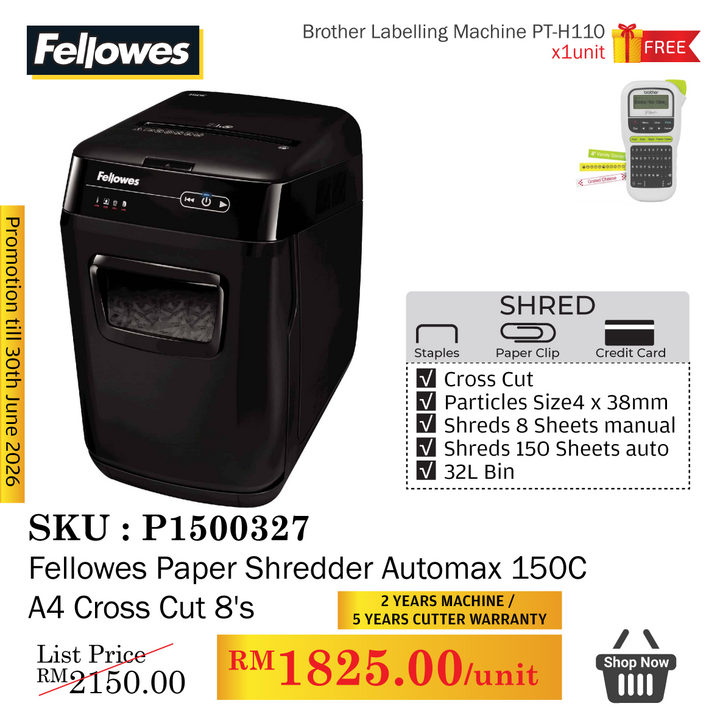 Promo@Fellowes Paper Shredder Automax 150C A4 Cross Cut 8's