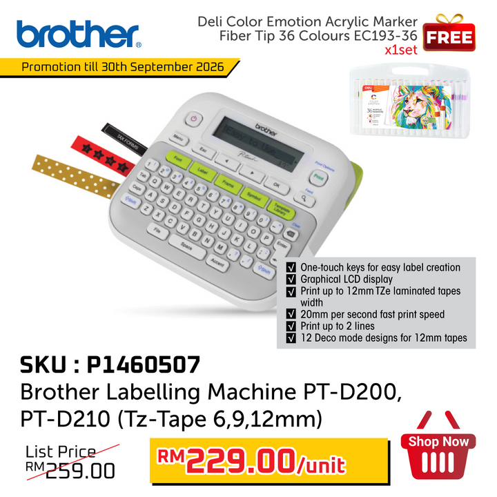 "Promo@Brother Labelling Machine PT-D200,PT-D210 (Tz-Tape 6,9,12mm)"