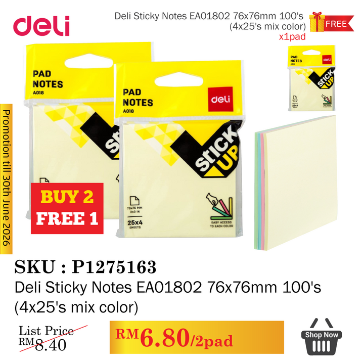 Promo@Deli Sticky Notes EA01802 76x76mm 100's (4x25's mix color)
