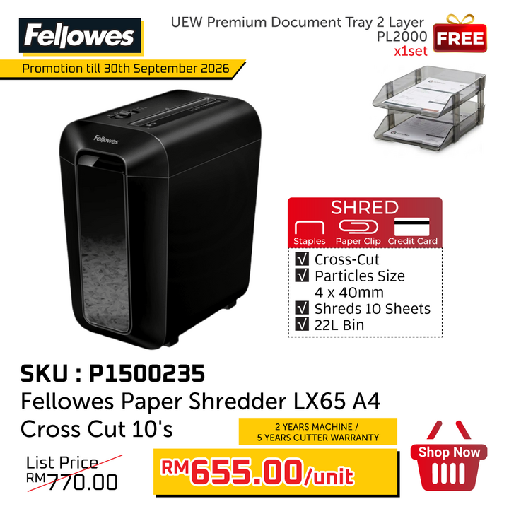 Promo@Fellowes Paper Shredder LX65 A4 Cross Cut 10's