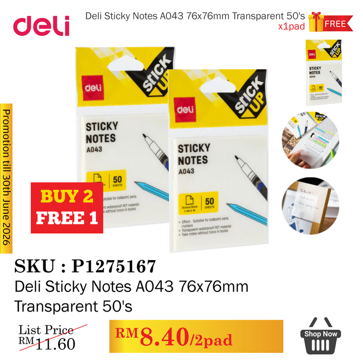 Promo@Deli Sticky Notes A043 76x76mm Transparent 50's