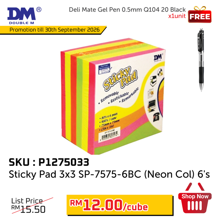 Promo@Sticky Pad 3x3 SP-7575-6BC (Neon Col) 6's