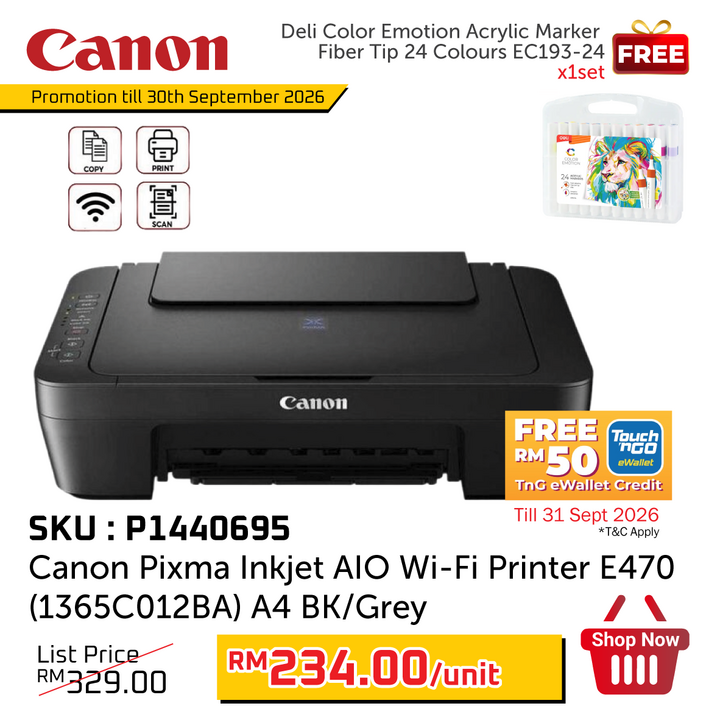 Promo@Canon Pixma Inkjet AIO Wi-Fi Printer E470 (1365C012BA) A4 Black/Grey