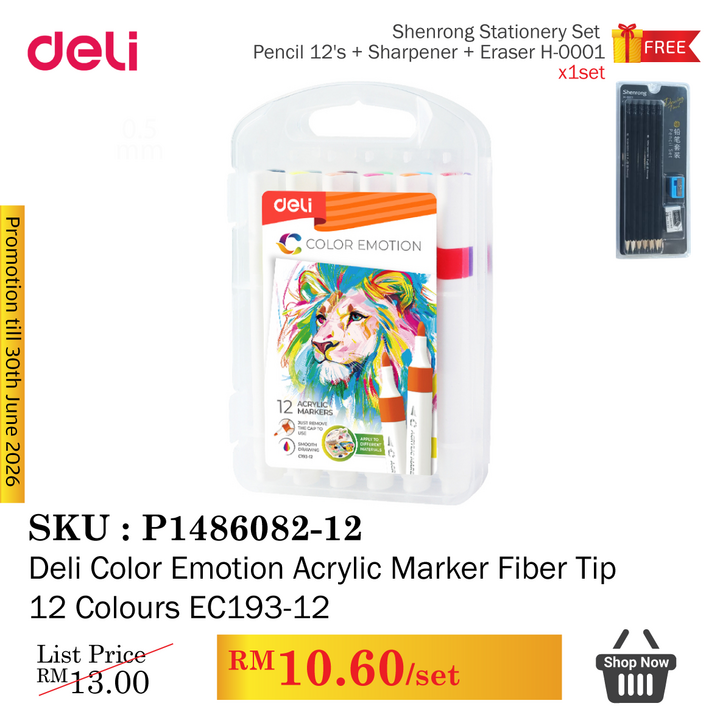 Promo@Deli Color Emotion Acrylic Marker Fiber Tip 12 Colours EC193-12