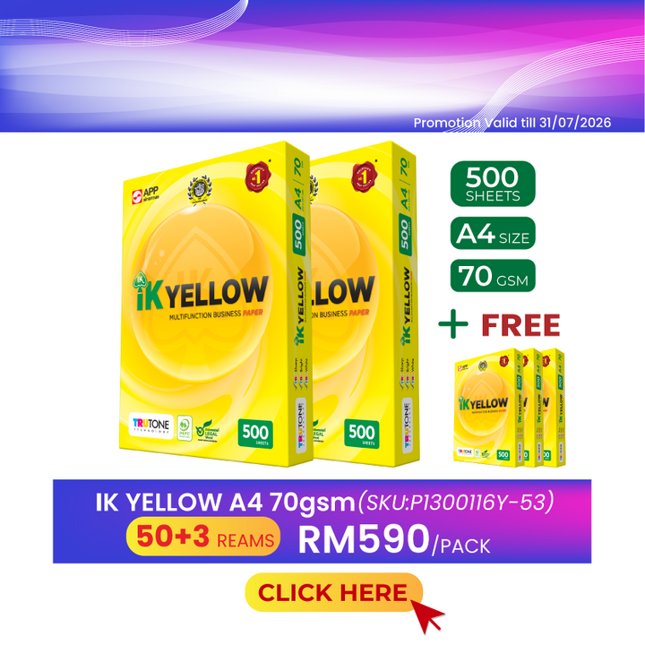 Promo@50reams IK Yellow A4 Paper 70gsm 500's