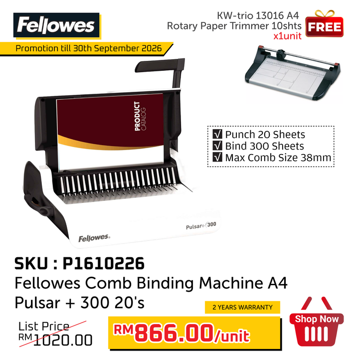 Pre-Order : Promo@ Fellowes Comb Binding Machine A4 Pulsar + 300 15's