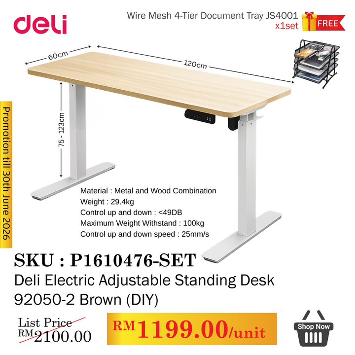 Promo@Deli Electric Standing Desk 92050-2 Brown