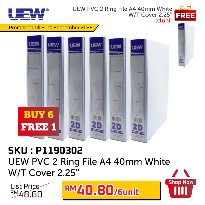 Promo@UEW PVC 2 Ring File White W/T Cover A4 40mm 2.25''