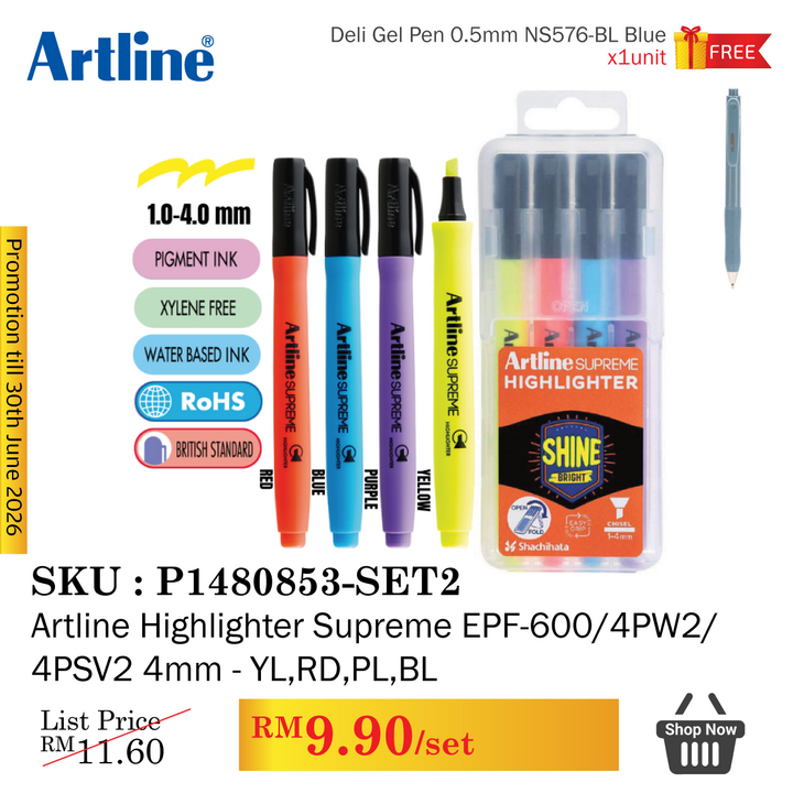 Promo@Artline Highlighter Supreme EPF-600/4PW2/4PSV2 4mm - YL,RD,PL,BL