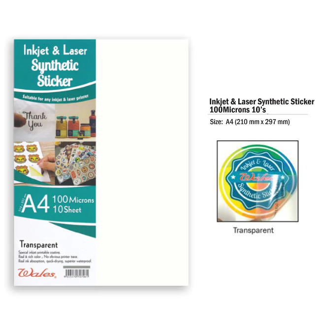 Synthetic Sticker for Inkjet & Laser A4 100mic  10's/pkt