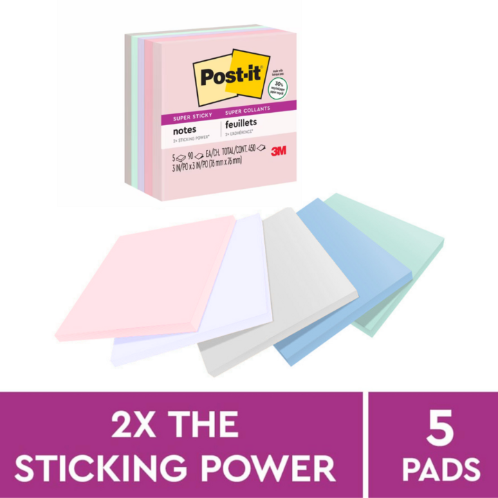 3M Post It Super Sticky Notes Recyled Wanderlust Pastels 654-5SSNRP 3''x3'' (90'sx5pads)