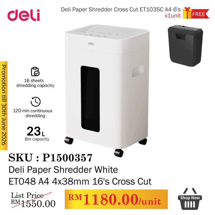 Promo@Deli Paper Shredder White ET048 A4 4x38mm 16's Cross Cut