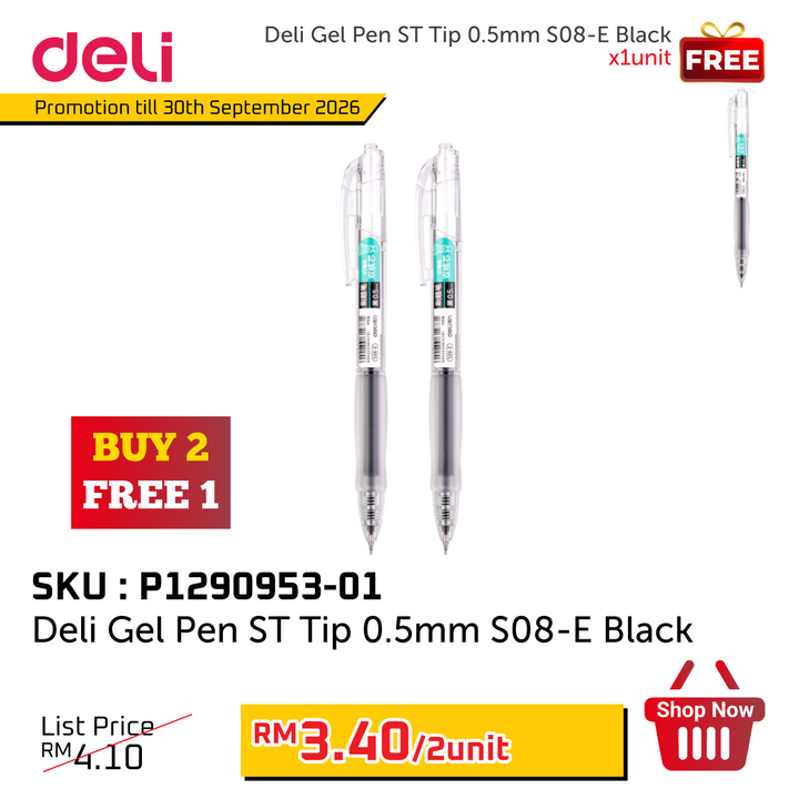 Promo@Deli Gel Pen ST Tip 0.5mm S08-E Black