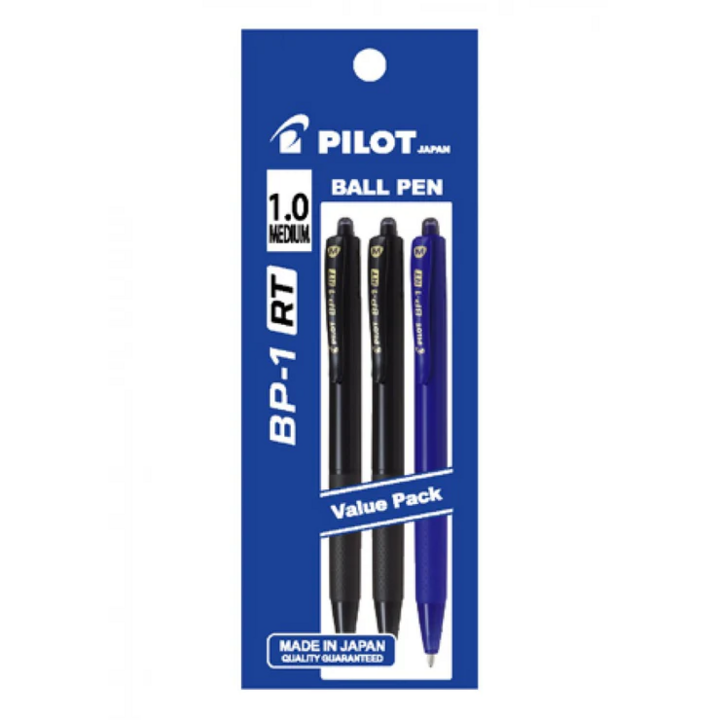 Pilot Ball Pen M 1.0mm 3's/pkt - 2 Black & 1 Blue (BP-1RT-M-B2L1)