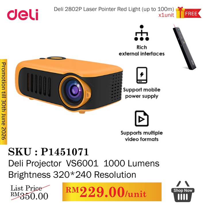 Promo@Deli Projector  VS6001  1000 Lumens Brightness 320x240 Resolution