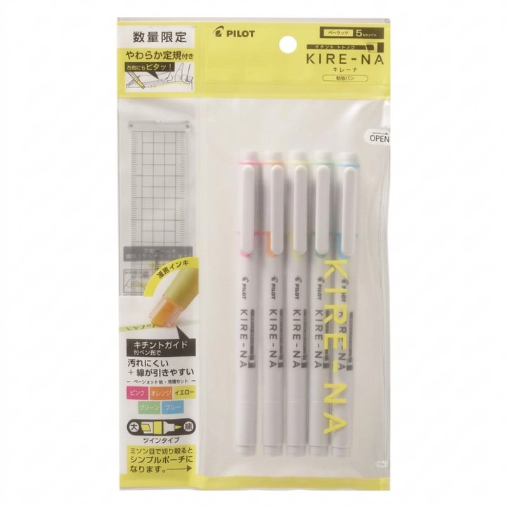 "Pilot Kire-Na Twin Head Highlighter BX10 + Ruler (P,O,Y,G,L)"