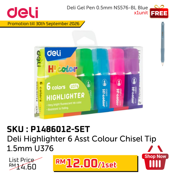 Promo@Deli Highlighter 6 Asst Colour Chisel Tip 1.5mm U376