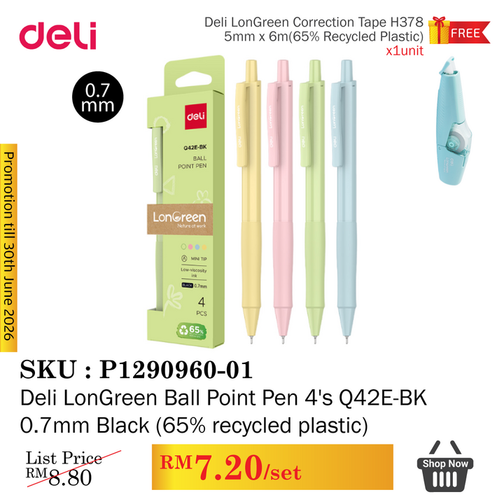 Promo@Deli LonGreen Ball Point Pen 4's 0.7mm