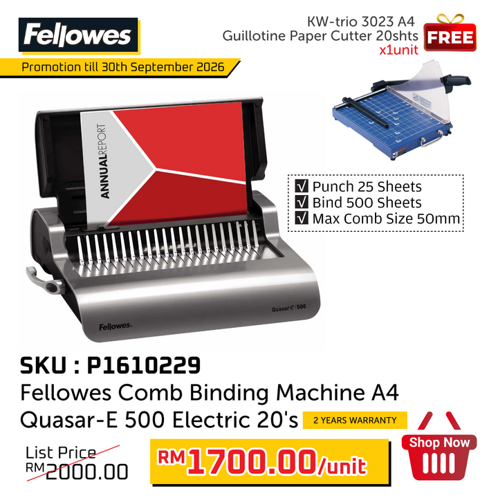 Pre-Order : Promo@Fellowes Comb Binding Machine A4 Quasar-E 500 Electric 20's