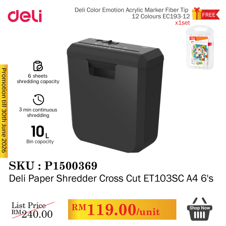 Promo@Deli Paper Shredder Cross Cut ET103SC A4 6's