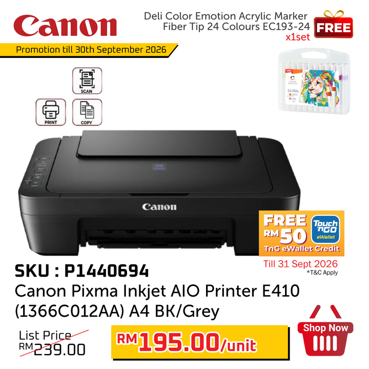 Promo@Canon Pixma Inkjet AIO Printer E410 (1366C012AA) A4 Black/Grey