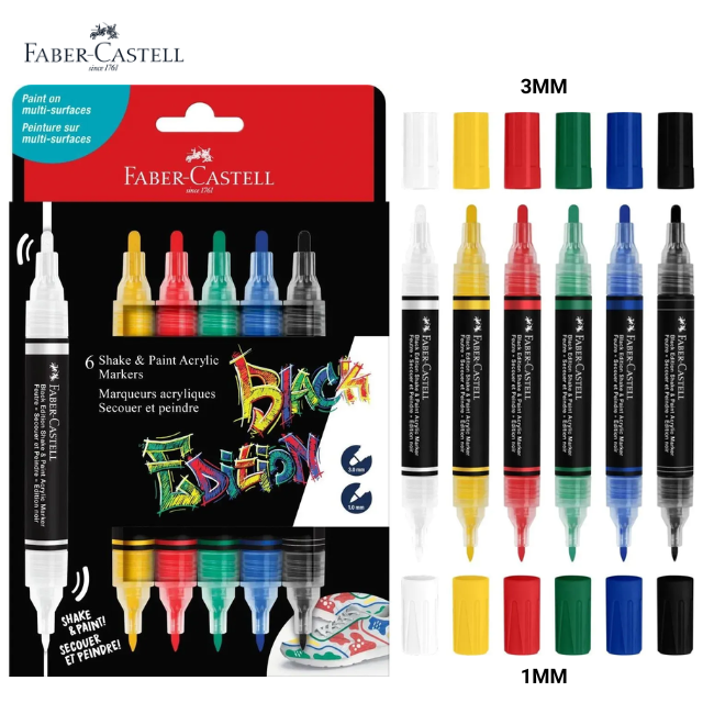 Faber-Castell Shake & Paint Twin Head Acrylic Markers 1.0mm 3.0mm - 6's Classic (285507)