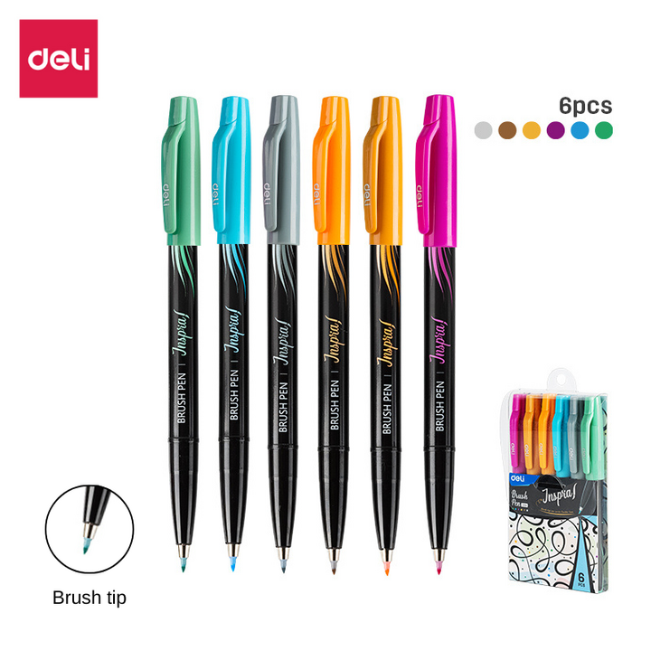 Deli Brush Pen Soft Tip 6 Colours U304