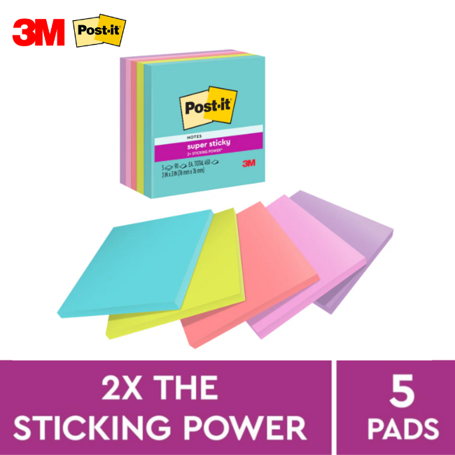 3M Post It Notes Super Sticky Cube Miami Collection 654-5SSMIA 3inchx3inch (90's x 5pads)