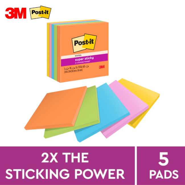 3M Post It Notes Super Sticky Cube Energy Boost 654-5SSAU 3''x3'' (90's x 5pads)