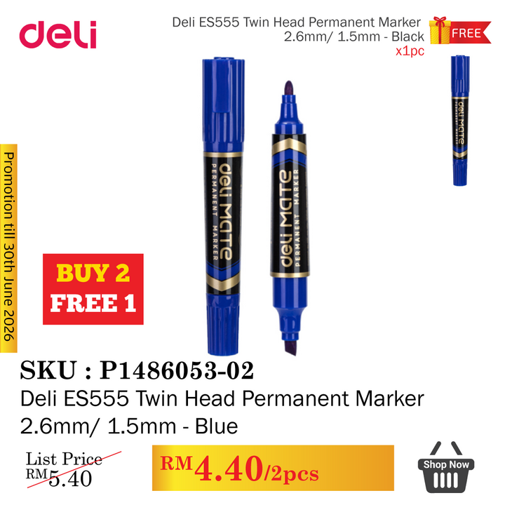 Promo@Deli ES555 Twin Head Permanent Marker 2.6mm/ 1.5mm