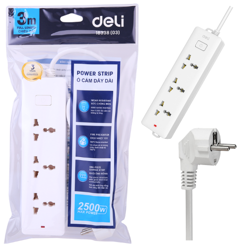 Deli Extension Cord 3 Meters Extension Wire Household Power Strip White
