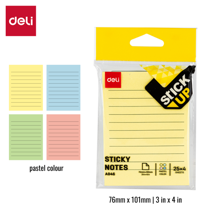 Deli Sticky Notes Lined 76x101mm 4x25's