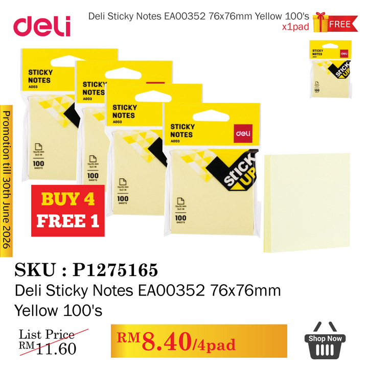 Promo@Deli Sticky Notes EA00352 76x76mm Yellow 100's