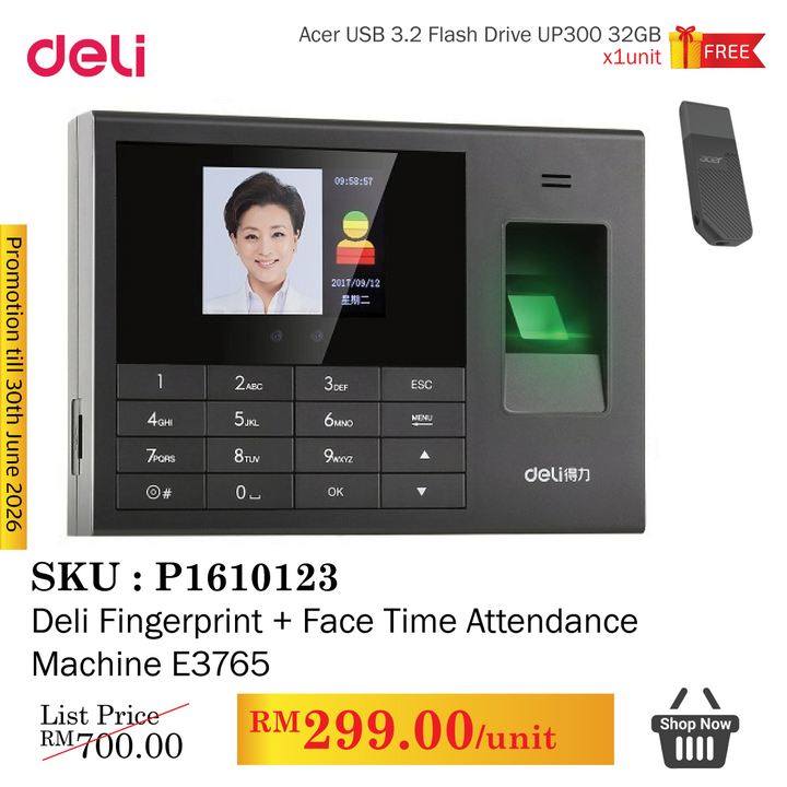 Promo@Deli Fingerprint + Face Time Attendance Machine E3765