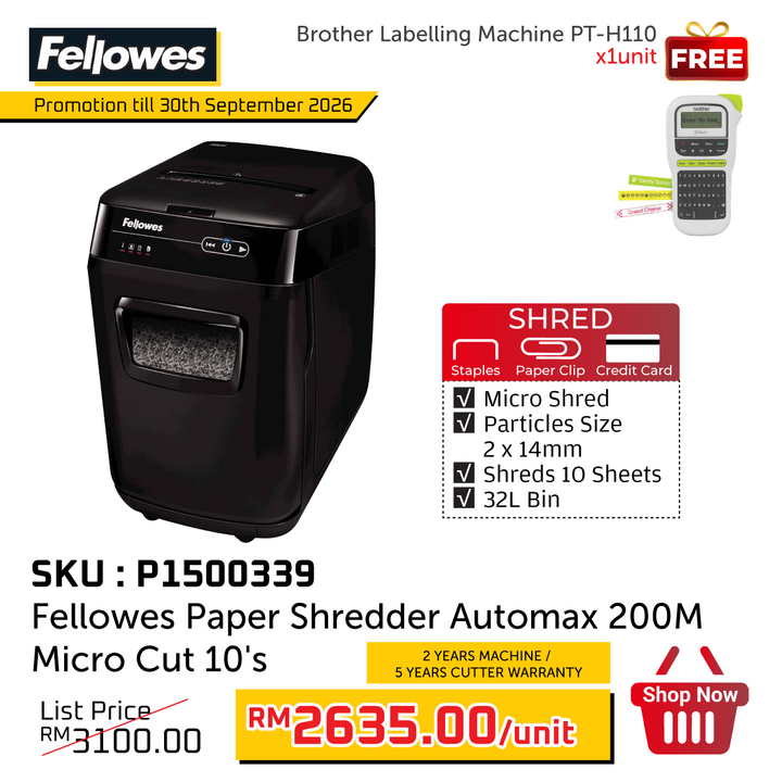 Promo@Fellowes Paper Shredder Automax 200M Micro Cut 10's