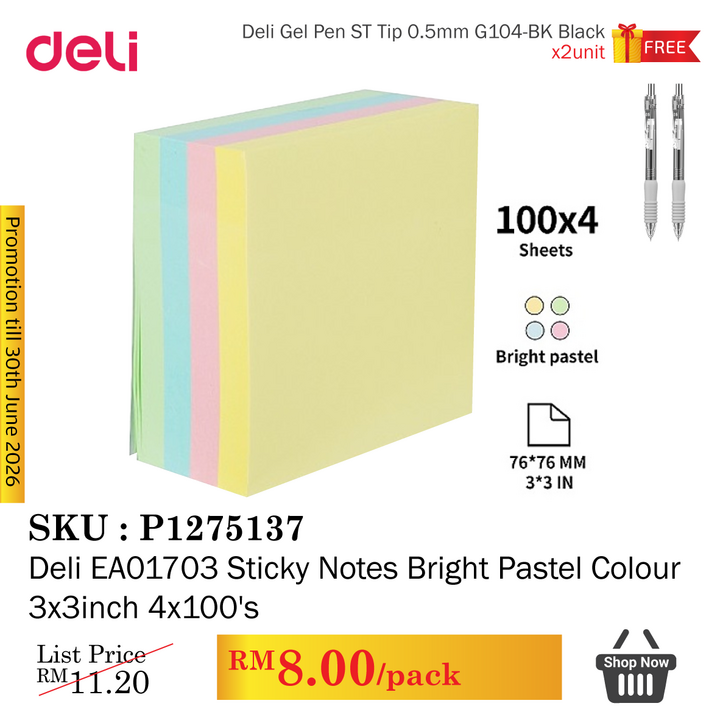 Promo@Deli EA01703 Sticky Notes Bright Pastel Colour 3x3inch 4x100's