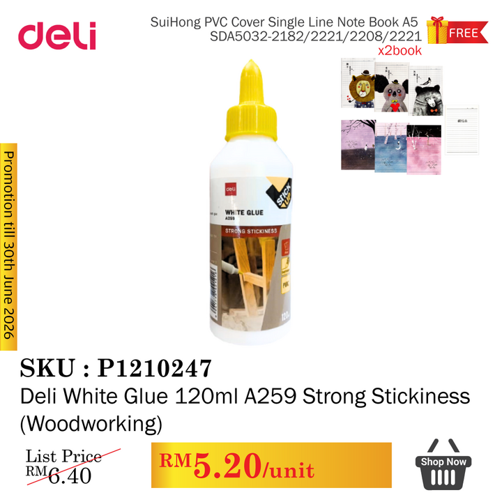 Promo@Deli White Glue 120ml A259 Strong Stickiness (Woodworking)