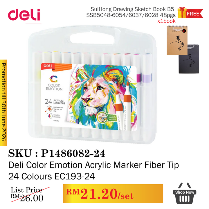 Promo@Deli Color Emotion Acrylic Marker Fiber Tip 24 Colours EC193-24