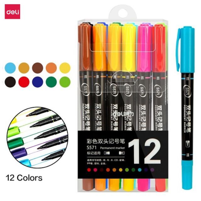 Deli Twin Head Permanent Marker 12 Colours